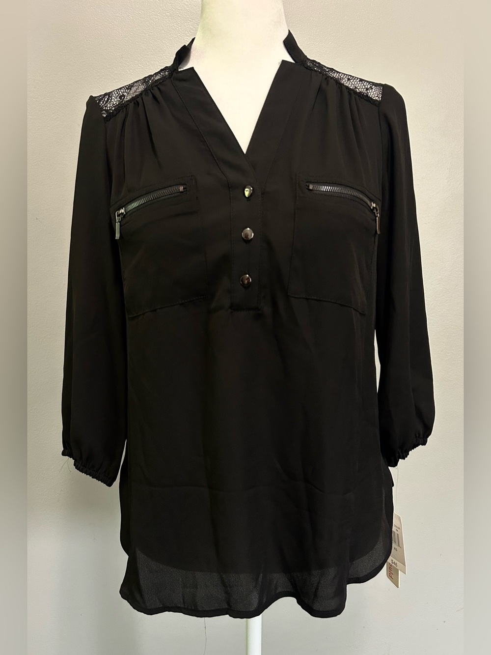 Women’s Sheer Black Blouse Top Lace-panel V-Neck Zipper pockets Elegant  XS